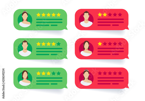 Vector illustration feedback review stars rate, rating bubble speeches. Modern style cartoon character avatar icon design