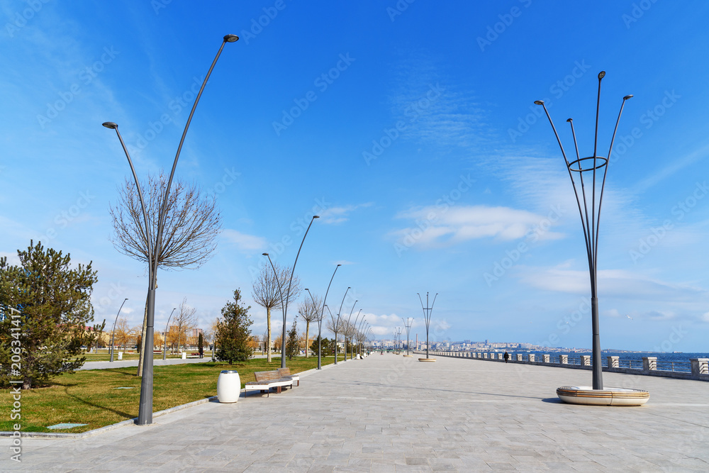 Baku White city Boulevard. New city park embankment. Azerbaijan