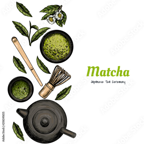 Vector frame with tea. Japanese tea ceremony. Matcha tea. Vintage style