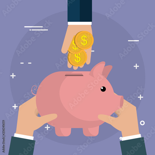 hand with coins and piggy savings vector illustration design
