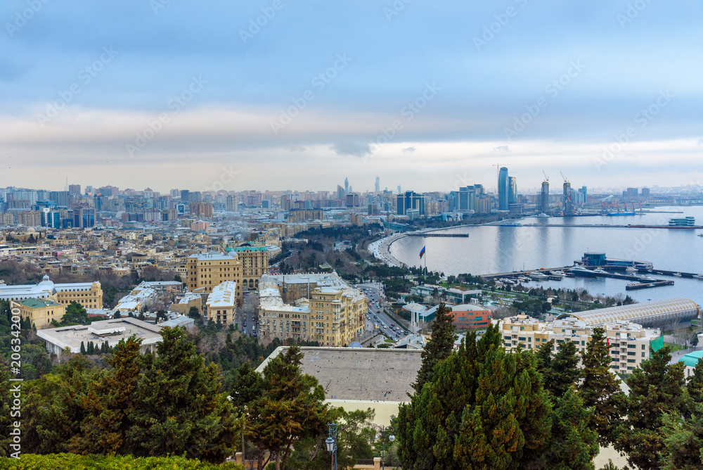 Aerial view of Baku city, View of the city boulevard in the evening. Azerbaijan