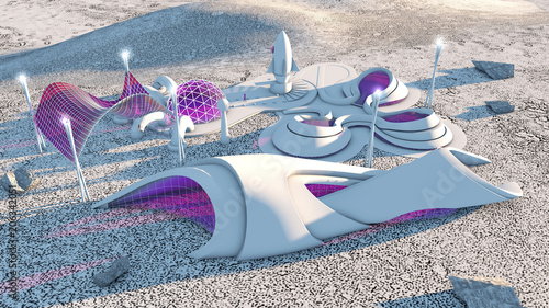 Fototapeta Naklejka Na Ścianę i Meble -  Astronave spaziale, città del futuro, fantascienza, sci-fi, parallelepipedi, centro urbano, unità abitative, spazio. Base spaziale