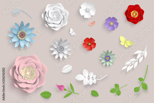 Vector paper art flowers set. 3d origami flowers, leaves and butterfly. Stock illustration