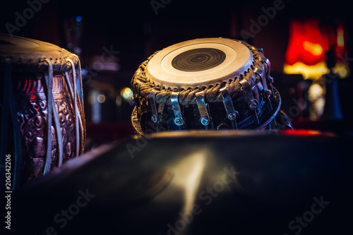 ethnic musical instrument tabla in the interior of the chill-out