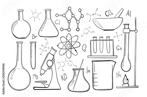 Laboratory equipment sketch set. Science chemistry. Microscope, Glass flasks and test tubes. Chemical experiments. Formulas, elements and atoms. Outline objects