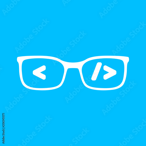 flat white glasses with code. Coder or programmer symbol. Concep