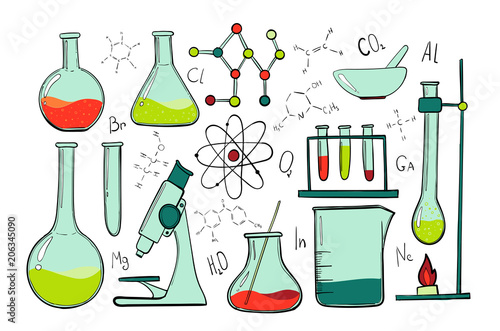 Laboratory equipment color set. Science chemistry. Microscope, Glass flasks and test tubes. Chemical experiments. Formulas, elements and atoms. objects
