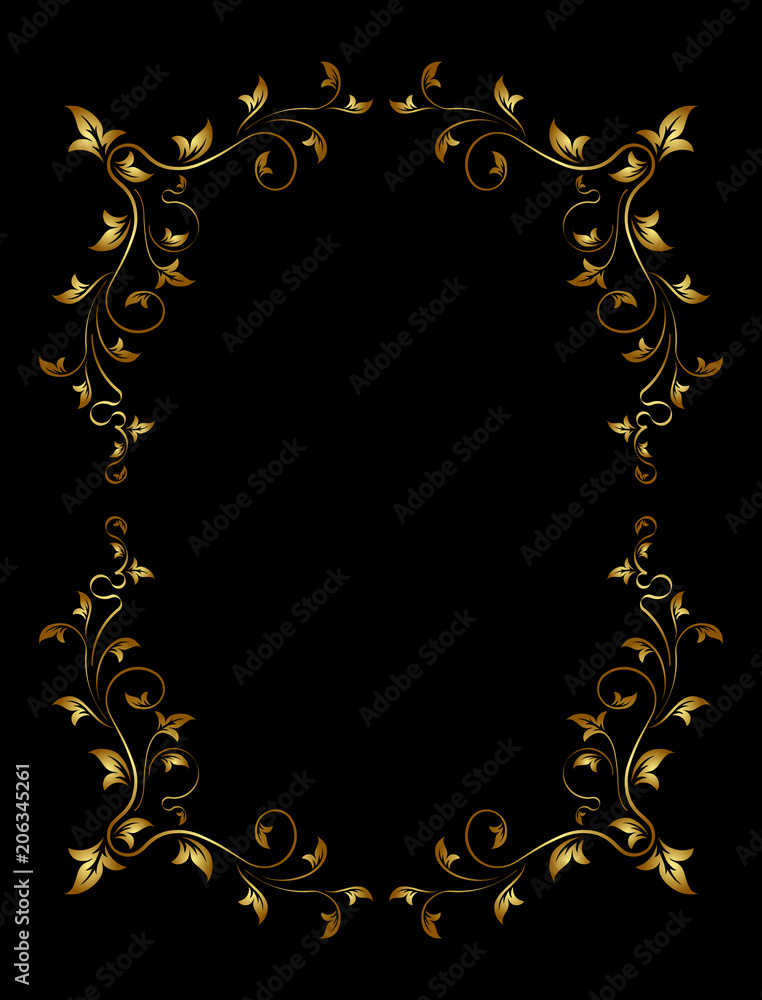 Old gold frame on black background with floral leaves decor and a blank  space for text. Retro vintage greeting card, invitation or template for  notes. Stock Vector | Adobe Stock