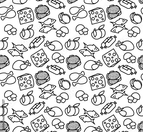 Black and white seamless pattern with different food. There are cheese, fish, mushrooms, chicken and ect