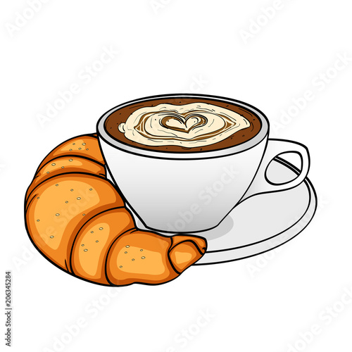 Object on white background, breakfast, coffee with cream and croissant. Vector