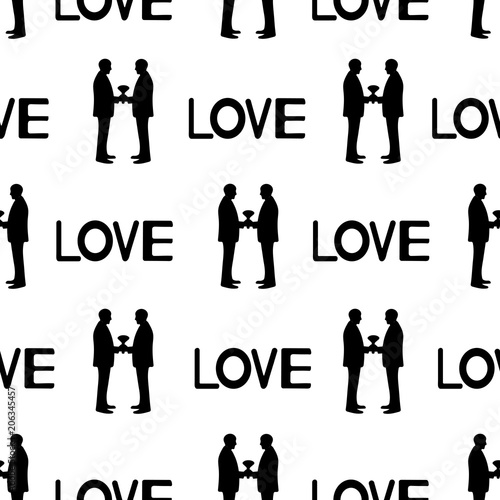 Seamless pattern with black silhouettes of grooms and words Love. Same-sex marriage.