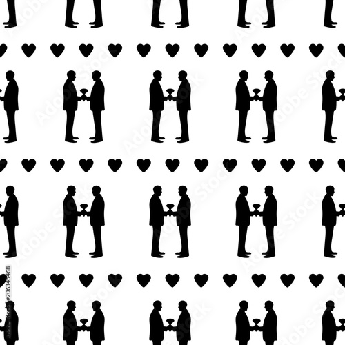 Seamless pattern with black silhouettes of grooms and hearts. Same-sex marriage.