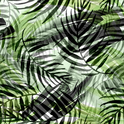 Watercolor abstract seamless background, pattern, spot, splash of paint, blot, divorce, color. Green leaves of a tree, palms, abstract splash. green, black, white paint color. 