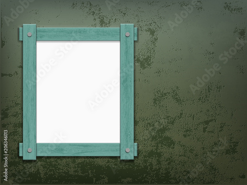 Old wooden frame hanging on the rough peeling wall