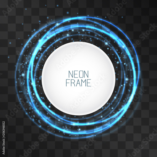 Vector neon light effect circle frame set with hazy flare. Magical glowing scribble pile, party illumination. Glistening energy rings swirling flow in motion. Luxurious show style design.