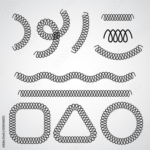 Metallic mechanical spring vector black brush with border and frame examples isolated on white. Pressed decorative spiral element. Yielding, flexible twisted wire.
