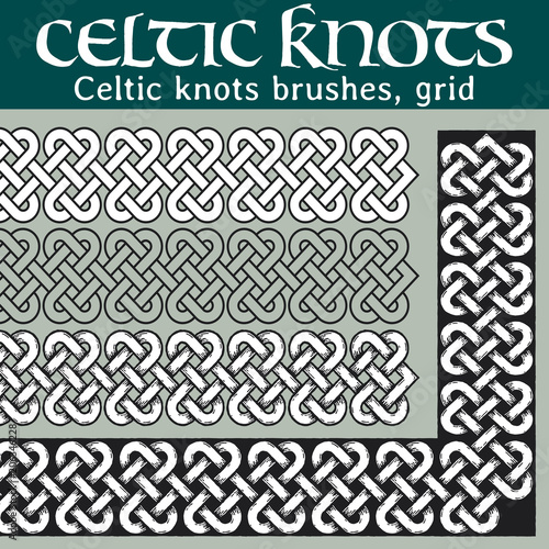 Celtic knots brushes, grid. 4 different versions of a brush: with white filling, without filling, with shadows and with a black background. All brushes include outer and inner corner tiles.