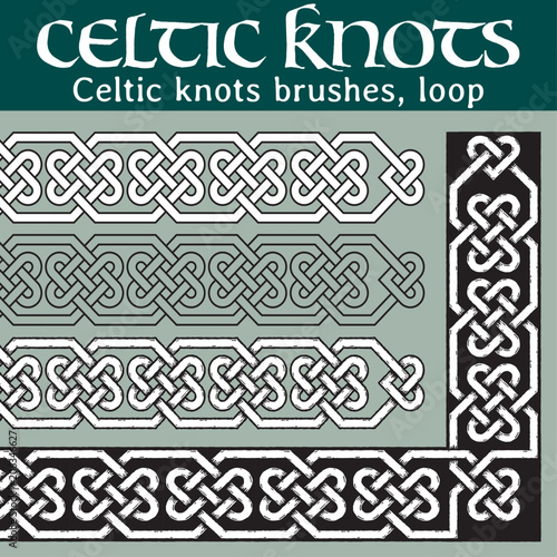 Celtic knots brushes, loop. 4 different versions of a brush: with white filling, without filling, with shadows and with a black background. All brushes include outer and inner corner tiles.