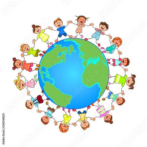 Small children around the globe. Children and the globe. Children are holding each other's hands