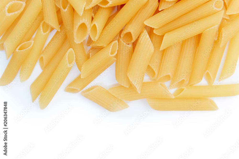 heap of raw pasta isolated on white background. top view. copy space. close up. italian food or cuisine heap of raw pasta isolated on white background. top view. copy space. close up. italian food or cuisine