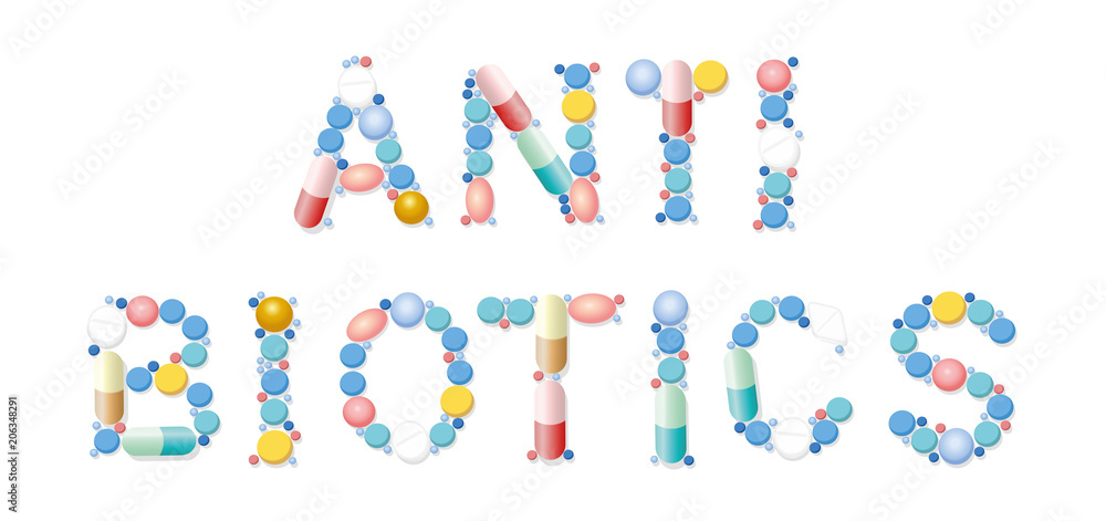 Antibiotics written with pills, tablets and capsules. Isolated vector illustration on white background.