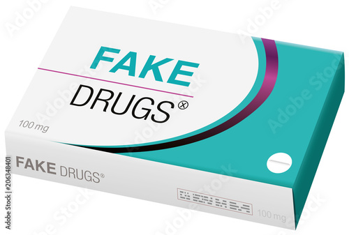 Fake drugs, pharmaceutical fake package. Symbolic for harmful counterfeit pills, risk and danger of illegal produced and sold pharmaceuticals. Isolated vector on white.