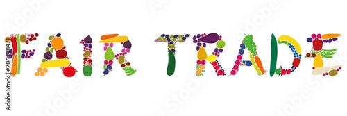 Fair trade written with fruits and vegetables. 