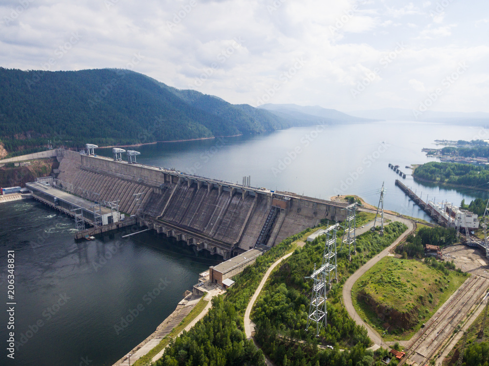 Krasnoyarsk dam and power plant on Enisey river from aerial view