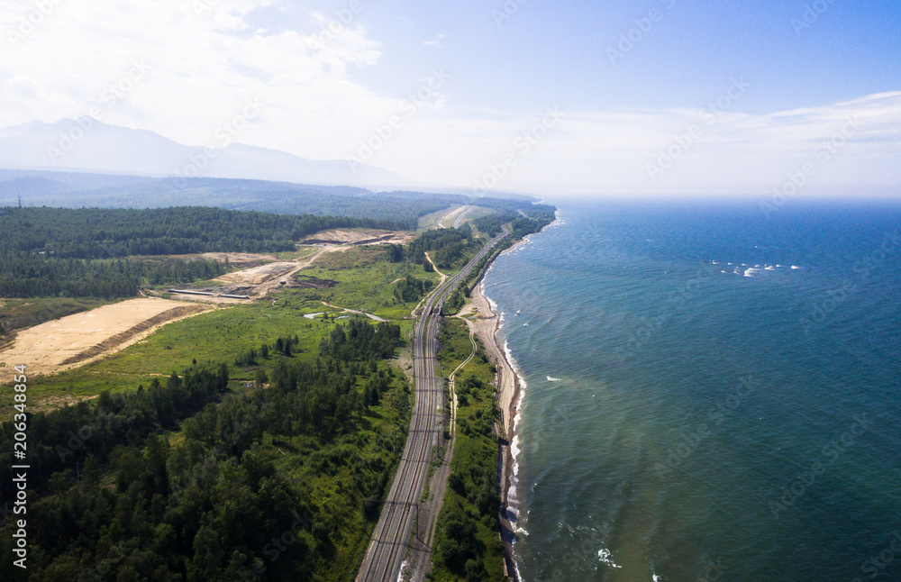 Trans-Siberian Railway, Baikal lake shore from aerial view Trans-Siberian Railway, Baikal lake shore from aerial view
