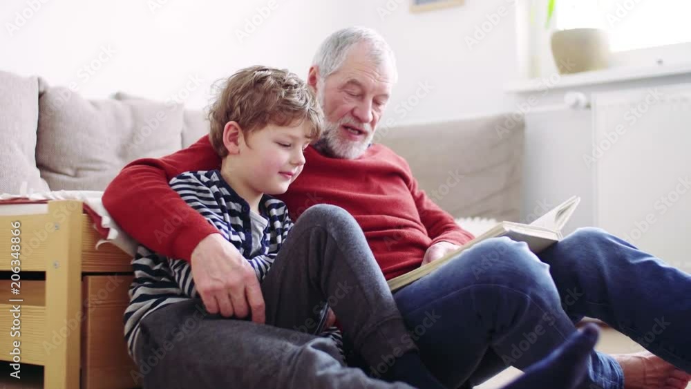 Senior grandfather with a small grandson at home reading a book. Senior grandfather with a small grandson at home reading a book.