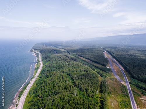  Trans-Siberian Railway, Baikal lake shore from aerial view photo