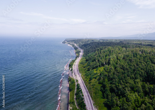  Trans-Siberian Railway, Baikal lake shore from aerial view photo