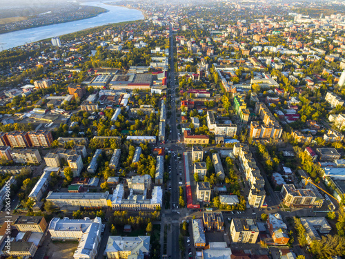 Tomsk cityscape and Tom river from aerial view