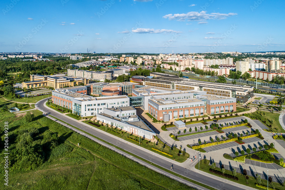 Kraków, Poland.  New campus of Jagiellonian University. Faculty of Physics, Astronomy and Applied Computer Sciences in the center and Faculty of Mathematics and Information Technologies on the left