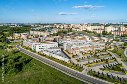 Kraków, Poland. New campus of Jagiellonian University. Faculty of Physics, Astronomy and Applied Computer Sciences in the center and Faculty of Mathematics and Information Technologies on the left