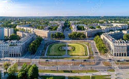 Kraków, Poland.  Aerial panorama of Nowa Huta (New Steel Mill), one of only two entirely planned and build socialist realist settlements in the world. Originally the town, now a district of Cracow