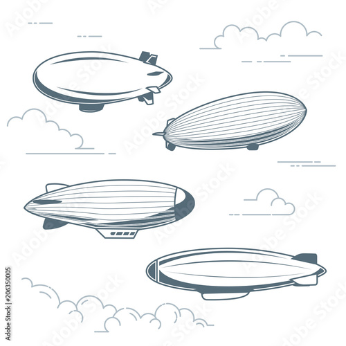 Collection of vintage airships - hot air balloons, blimps and dirigibles