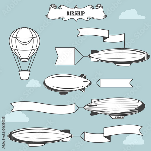 Vintage airships with greetings banner - dirigibles with advertising strip, old zeppelin