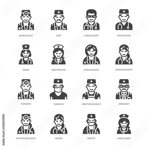 Doctors professions flat glyph icons. Medical occupations - surgeon, cardiologist, dentist therapist, physician, nurse intern. Hospital clinic signs Solid silhouette pixel perfect 64x64.