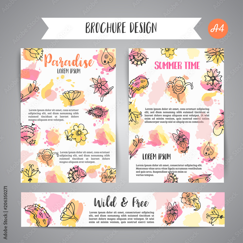 Isolated creative background cards with flowers. Hand drawn floral elements. Vector template banners forposter, invitation, flyer, party, wedding, brochure