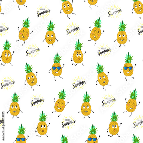 DANCING PINEAPPLE HAND DRAW TEXTURE. SUMMER HOLIDAY FEELING LETTERING. SEAMLESS VECTOR PATTER.