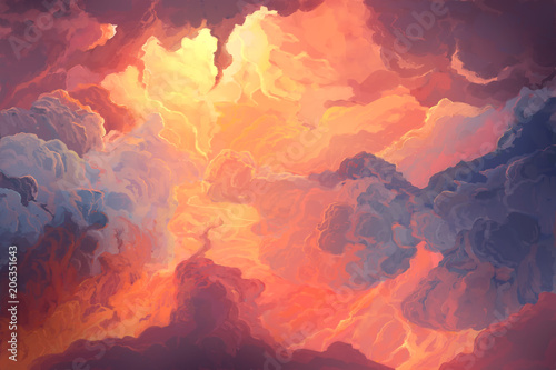 Illustration of fiery sky, sunset. Digital painting. © jenteva