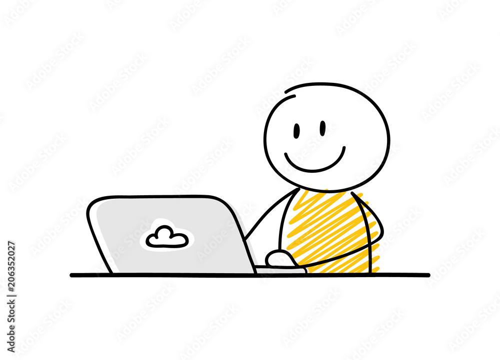 Funny businessman - cartoon stickman working on his laptop. Smiley facial expression. Vector. Funny businessman - cartoon stickman working on his laptop. Smiley facial expression. Vector.