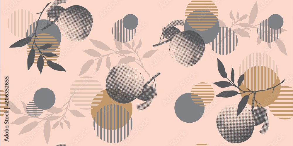 Fototapeta premium Nowoczesny kwiatowy wzór w stylu półtonów. Geometryczne kształty, jabłka i gałęzie na różowym tle