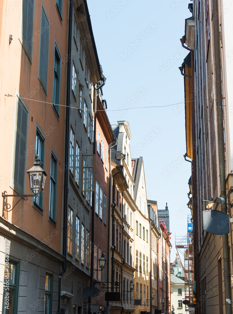 a narrow Swedish street in Stockholm
