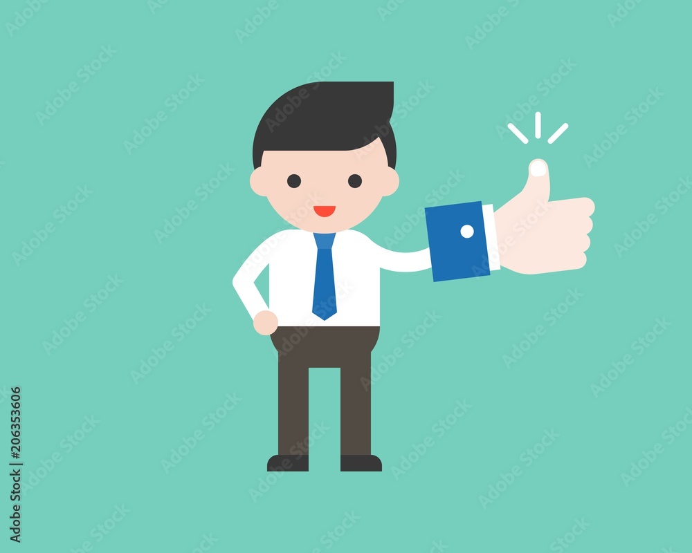Business man with like sign, flat design cute character Business man with like sign, flat design cute character