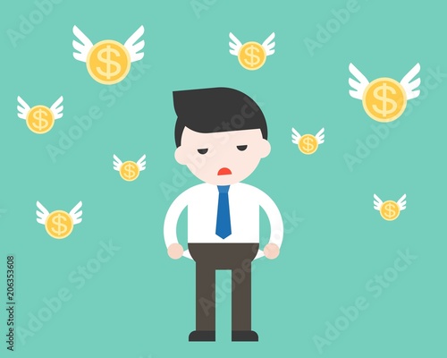 Businessman has no money with flying coin, flat design