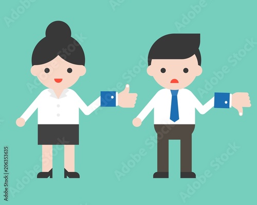 Cute Businessman hold dislike sign and businesswoman hold like sign, flat design vector