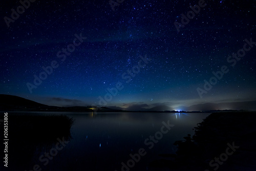 Sky full of stars at night over lake in Wales
