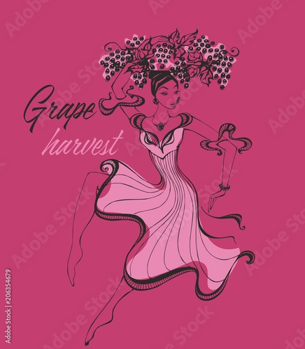 Grape harvest. Collection. Girl picking grapes. Dancing girl. Vector.